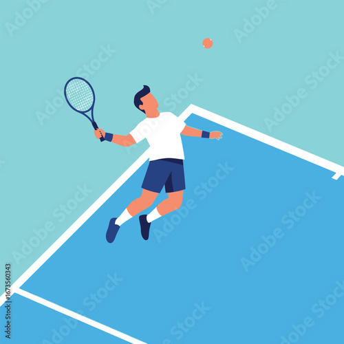 A tennis player in action, serving the ball on a blue court.