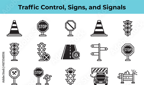 Traffic control, signs, and signals a set of vector icons representing various elements of traffic management and road safety in urban environments