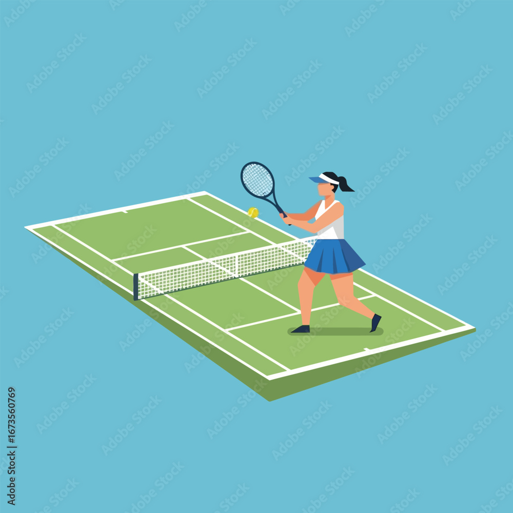 Fototapeta premium A female tennis player in action, hitting a yellow ball on a green court.