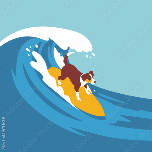 A brown and white dog surfs a large ocean wave on a yellow surfboard.