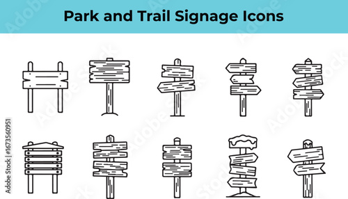 Park and trail signage icons showcasing wooden signpost designs for outdoor navigation, travel, and adventure in natural landscapes