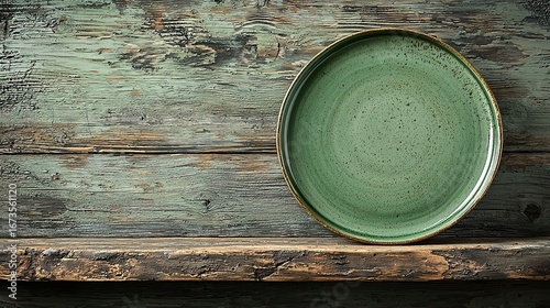 Empty green ceramic plate on rustic wooden surface.