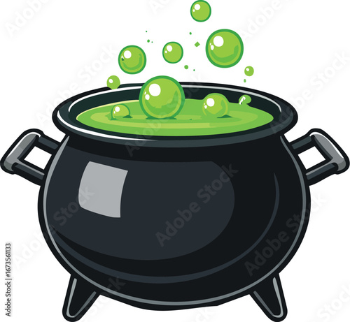 A witch's cauldron with a bubbling green potion. A spooky vector icon for Halloween and magic concepts. A fantasy design of a boiling, poisonous brew. Generative AI