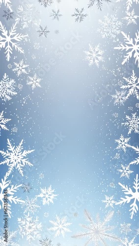 White snowflakes forming a decorative border on a blue gradient background with empty center space, perfect for winter holiday cards, seasonal banners, or festive designs.