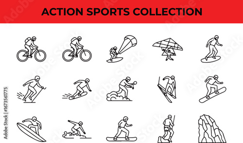 Action sports collection featuring biker, kite surfer, ski, snowboard, and mountain for adventure, challenge, extreme activity, and recreation