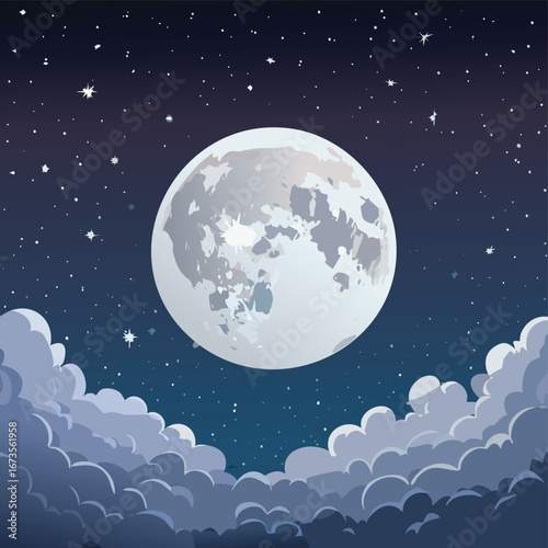 A full moon in the night sky with stars and clouds. A beautiful vector illustration for a fantasy, dream, or magic background. A serene nighttime scene. Generative AI