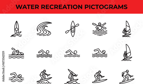 Water recreation pictograms for outdoor sports, activities, surfing, kayaking, canoeing, windsurfing, swimming, and enjoying the ocean, sea, or lake