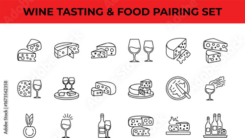 Wine tasting and food pairing set icons collection of cheese and wine glass illustrations for menu, restaurant, template design, and gourmet food concept