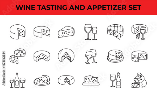Wine tasting and appetizer set icons collection of cheese and wine glass illustrations for menu, restaurant, template design, and food pairing concept