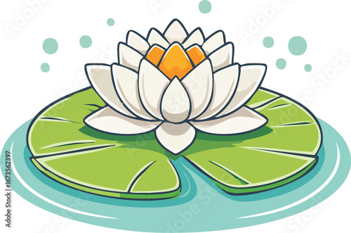 A white water lily or lotus flower on a lily pad. A vector illustration symbolizing peace, yoga, and zen. A beautiful, natural plant for a spa concept. Generative AI