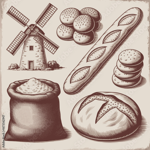 Heritage of the Hearth. Windmill, flour and bread. Vector illustration. EPS version.