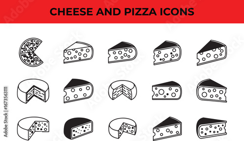 Cheese and pizza icons, perfect for restaurant menus, food packaging, and culinary designs, featuring various types of cheese and pizza slices