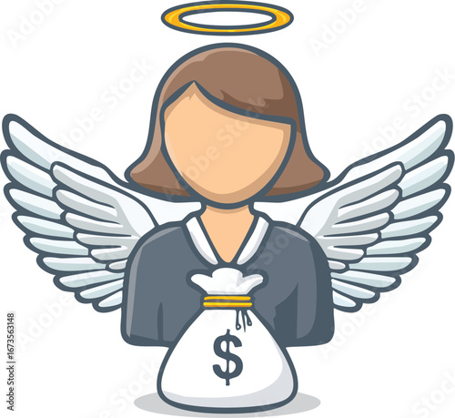An angel investor cartoon character with a money bag. A vector illustration symbolizing a business startup, funding, and financial success. Generative AI