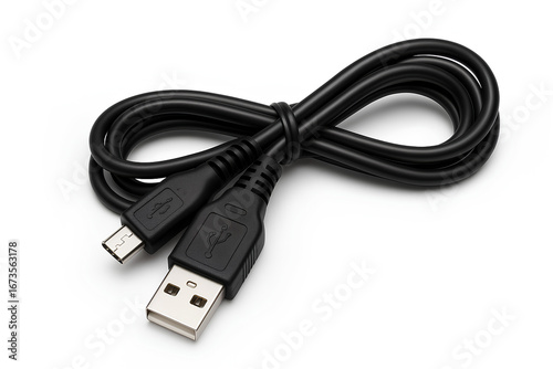 A black USB-A to Micro-USB cable neatly coiled on a white background.