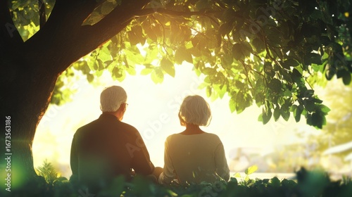 Elderly couple relaxing under tree, sunlight filtering through leaves, tranquil park setting