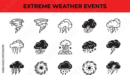 A set of black and white vector icons depicting extreme weather events such as tornadoes, storms, hurricanes, and rain, , for use in graphic design