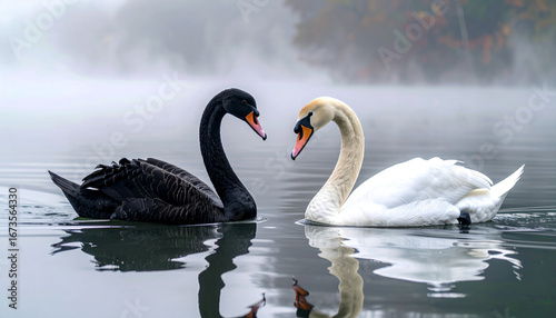 Fototapeta Naklejka Na Ścianę i Meble -  A majestic white swan and a rare black swan face each other on a tranquil, misty lake.