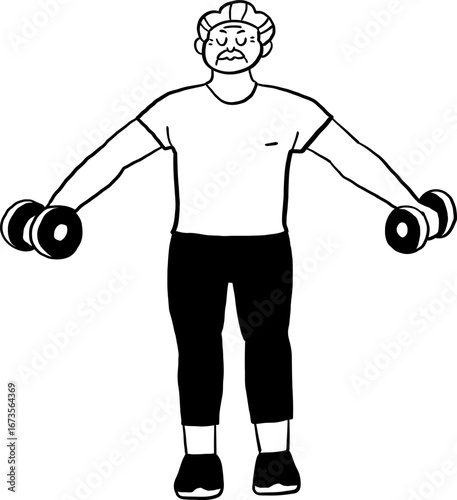 hand drawn cute cartoon character illustration of elderly people exercising.