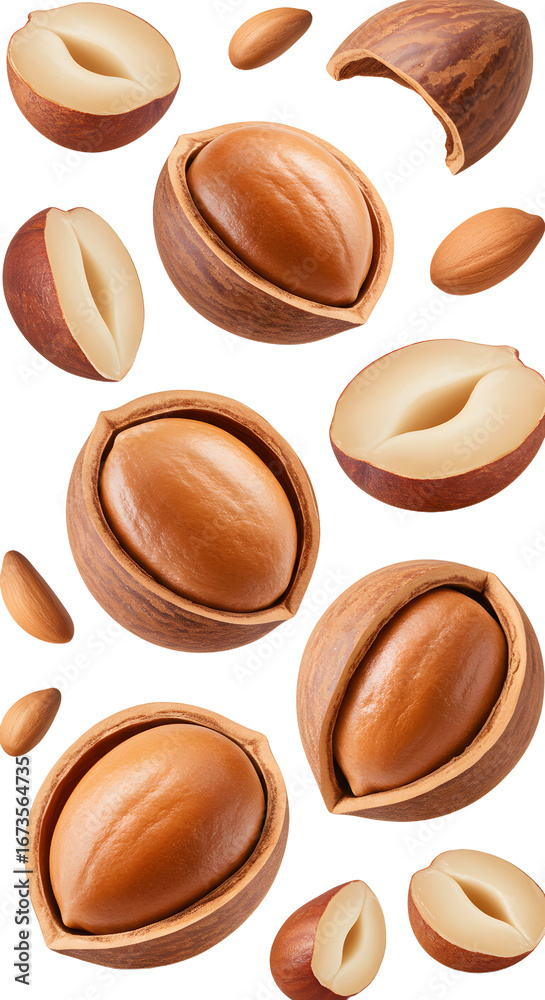Fototapeta premium Close-up of unshelled and shelled argan nuts isolated on white background, natural healthy food ingredient