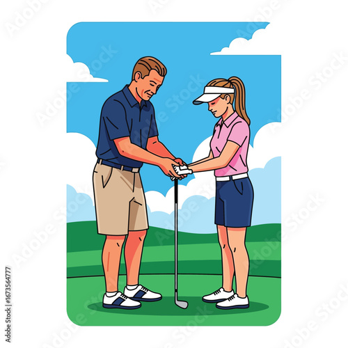 A golf instructor helps a young woman with her grip on the golf club, outdoors on a sunny day.
