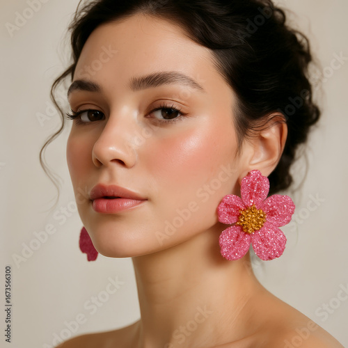 28 Years Old Latina Woman with Sparkly Pink Floral Earrings and Natural Makeup Close Up