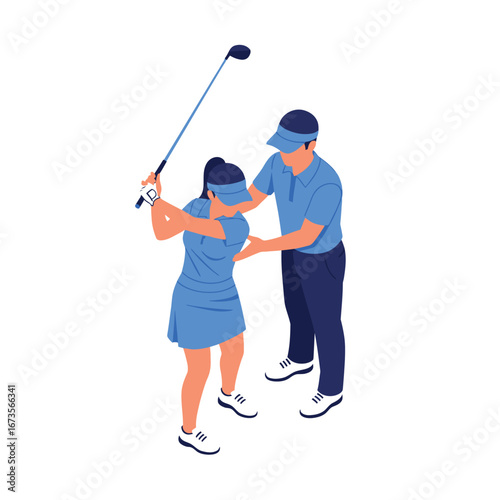 A woman golfer receives instruction from a golf instructor, demonstrating proper swing technique.