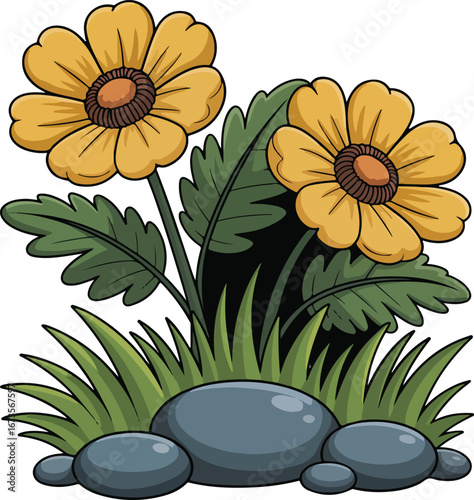 Yellow Wildflowers with Garden Stones Vector Illustration
