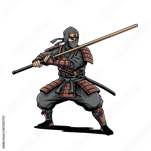 Ninja Warrior with a Bo Staff, Armored Samurai with a Wooden Staff, Fierce Japanese Ninja in Combat Stance, Martial Arts Fighter with a Bo Staff, Japanese Ninja with Traditional Armor