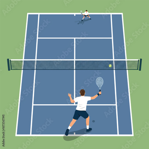 Two tennis players on a court, one preparing to hit the ball, the other in the act of receiving.