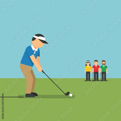 Cartoon golfer in action, with a group of spectators on a golf course.