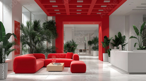 Minimalist office interior with clean lines modern furnishings plants and subtle red accents