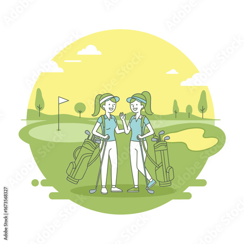 Two women golfers, light-colored attire, high-fiving on a golf course at sunset.