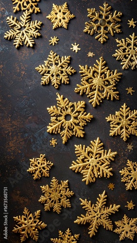 Golden Snowflake Ornaments on Dark Background Festive Winter Decor.