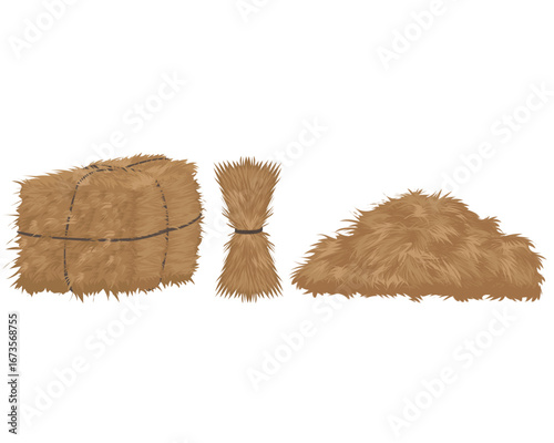 vector design of three straw shapes tied with rope in a square shape then slimmer straw and a pile of straw that spreads out