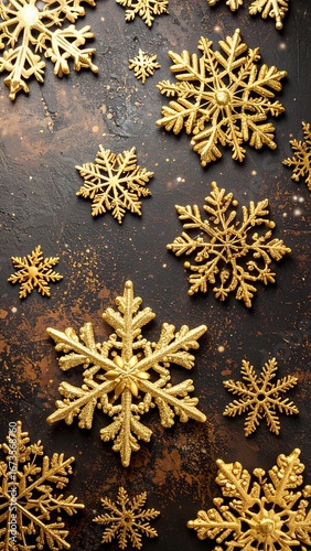 Golden Snowflakes on Dark Background Festive Winter Decor.