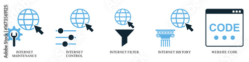 Set internet icon vector for global connectivity, web services, and online communication. This collection is ideal for illustrating digital networks, data transfer, and worldwide information access.