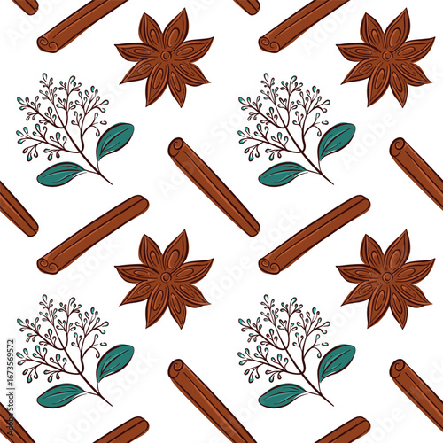Seamless floral pattern with flat style cinnamon stick, flower branch and star anise. Perfect for botanical design packaging, bed linen and decor.