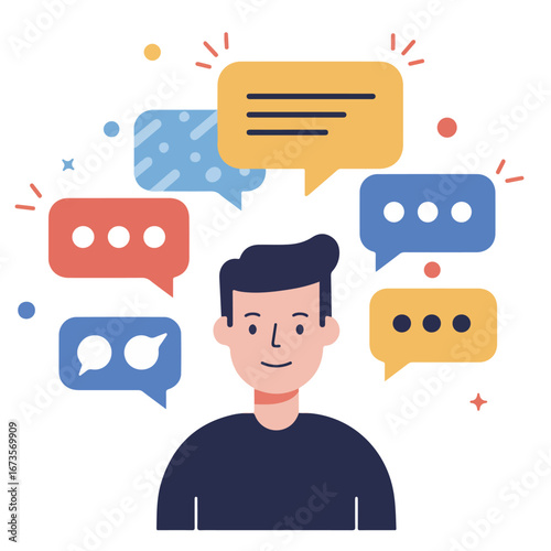 Man Surrounded by Speech Bubbles Concept of Communication and Idea Sharing