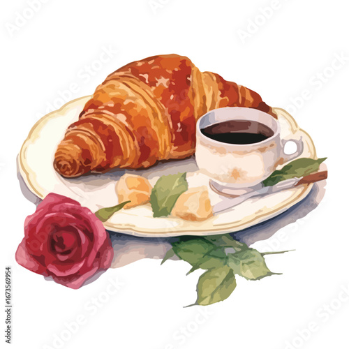 Artistic rendering of a croissant coffee sugar cubes and a rose on a plate