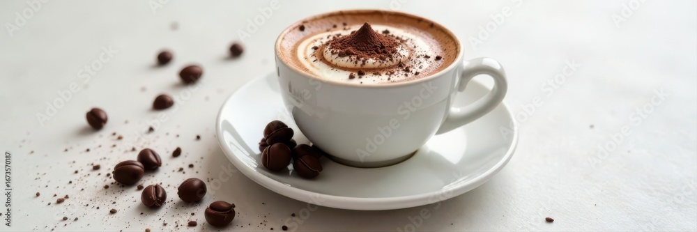 Fototapeta premium Dark chocolate hot chocolate, swirls, white tabletop, chocolate, steam, winter beverage