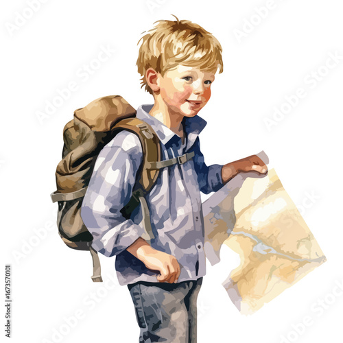 Blond boy with backpack and map wearing a blue shirt looking to the side