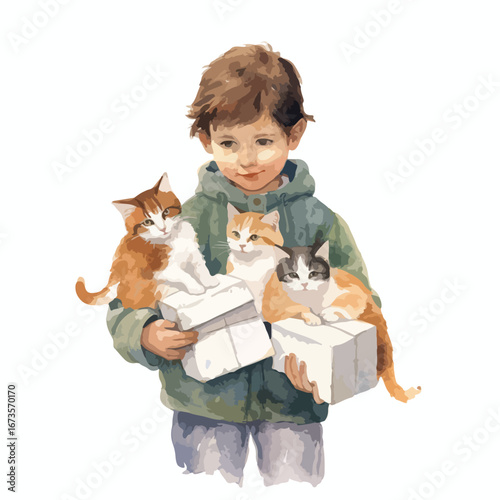 Boy Holding Three Cats on Gift Boxes Watercolor Style Illustration