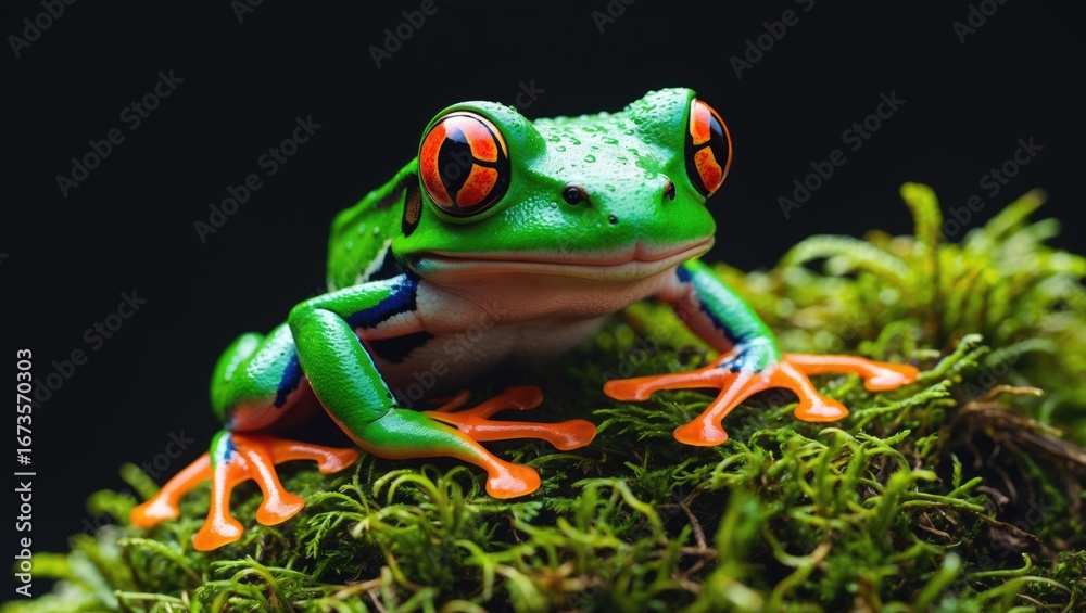 Fototapeta premium Colorful frog on green moss with bright red eyes and vibrant blue and orange limbs. Nature and wildlife, amphibian. Close-up and detailed.