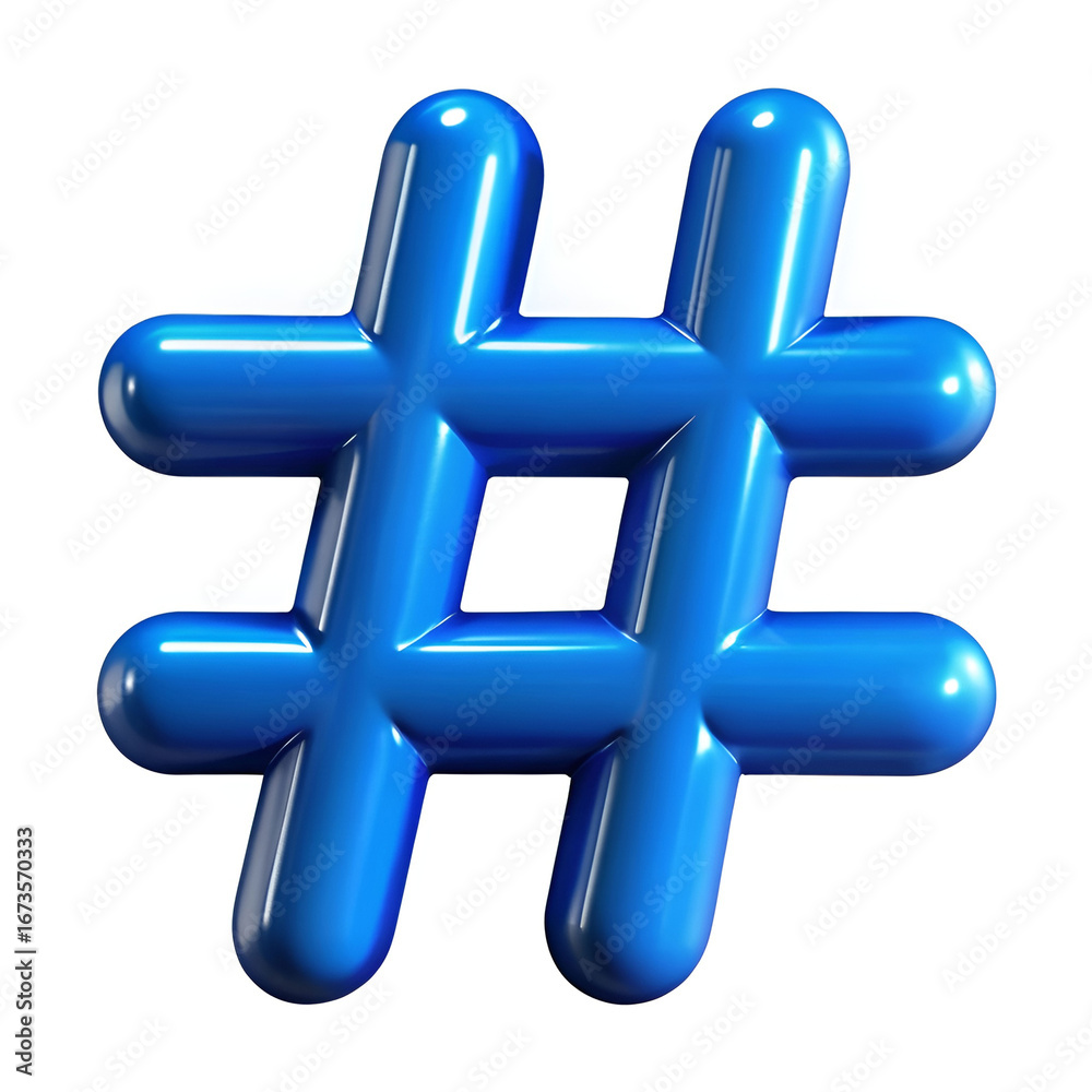 Obraz premium A shiny 3D blue glossy hashtag icon, isolated on a clean white background.