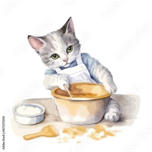 Adorable Kitten Chef Mixing Batter in a Bowl Preparing to Bake