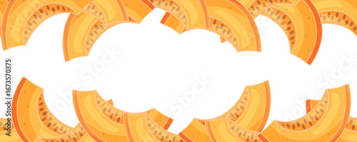 Vector seamless border with pumpkin slices at the top and bottom, wide blank center for text. Ideal for autumn posters, menus, labels and food packaging