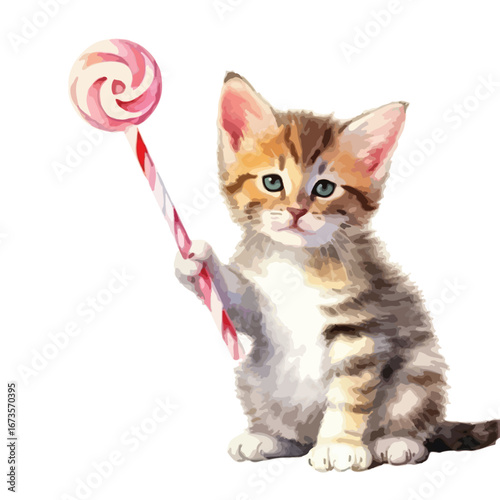 Adorable Kitten Holding a Swirly Lollipop with Playful Curiosity and Delight