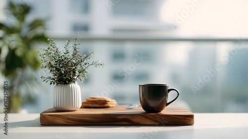 Wallpaper Mural Cozy coffee setup with plant and cookies on wooden tray indoors   Torontodigital.ca