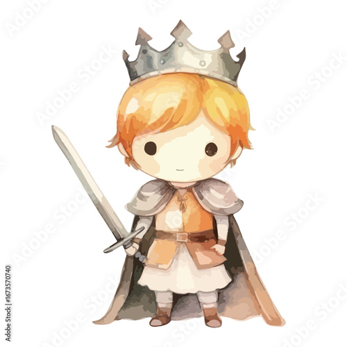 Adorable Watercolor King with Crown Sword and Armor Ready for Adventure