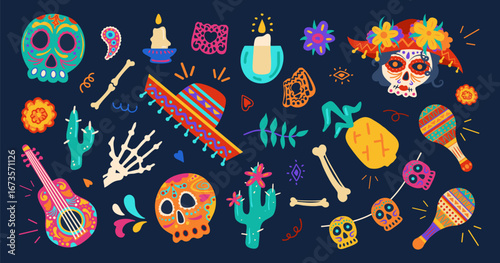 Day of the Dead celebration stickers and drawings of holiday symbols with sugar skulls, sombrero, maracas and other objects. Dia De Muertos vector design element set.